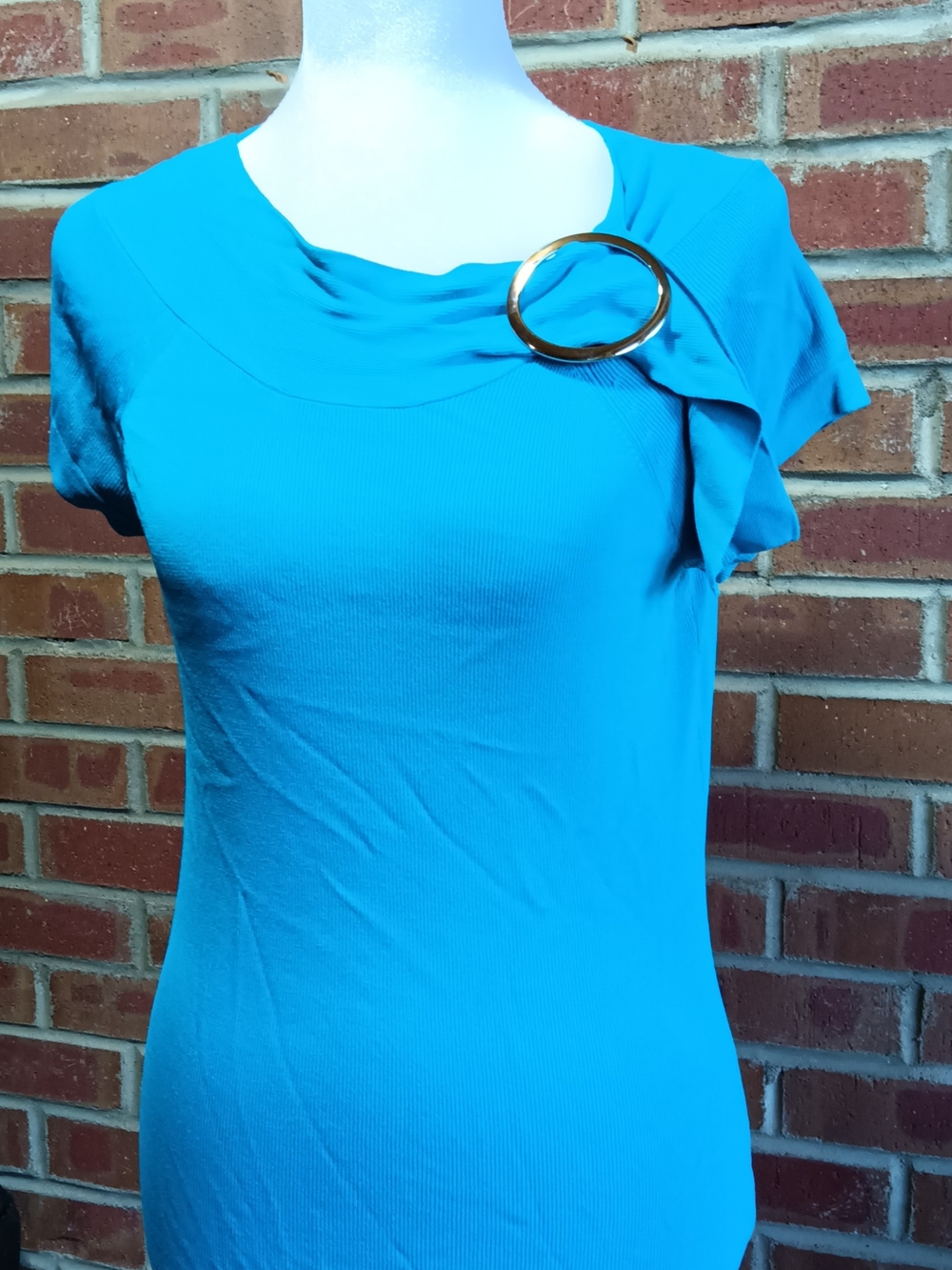 Women's Turquoise Short Sleeve Top with Gold Ring Detail